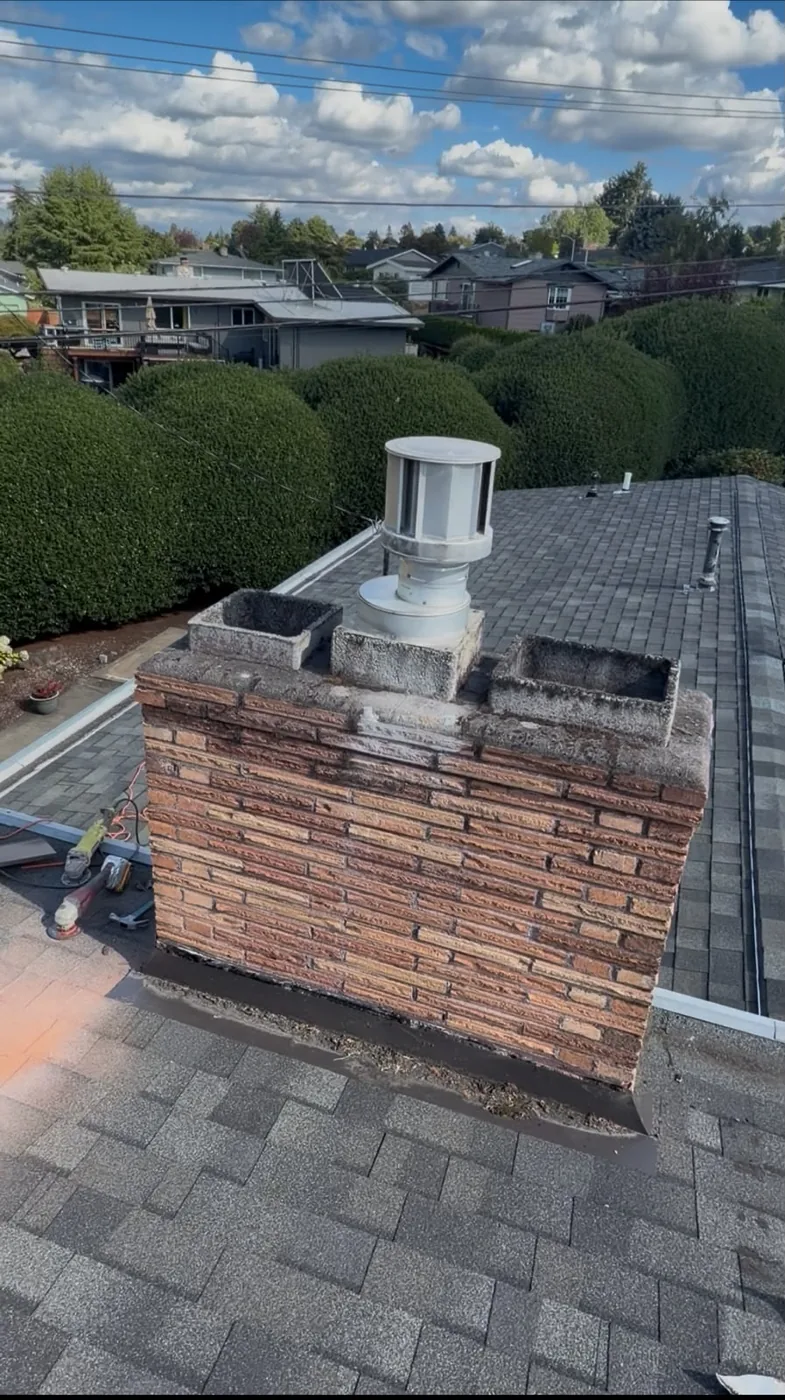 Spalled Brick & Cracked Crown → Repointed Masonry, New Crown, Caps & Flashing before